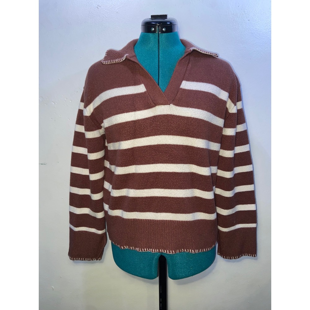 Merokeety Brown White Striped Polo Collar V-Neck Knit Sweater Cozy Western Fall